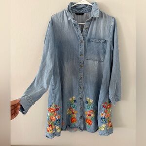 DRIFTWOOD Denim LS Lyocell Jean Shirt Dress Womens Large Embroidered Button
Boho